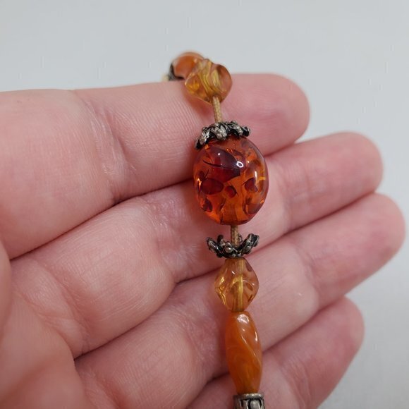 Cognac Amber Necklace Beaded Cord‎ Brown Orange Sil - Picture 6 of 7